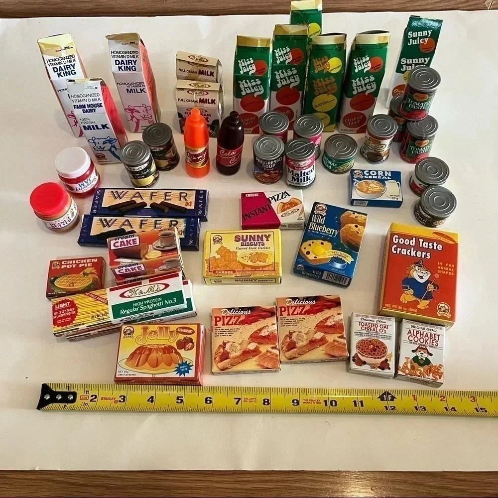 Lot 45 Vtg Pretend Play Food Mini Boxes Cans Coca Cola Progreso Milk Pizza Pasta